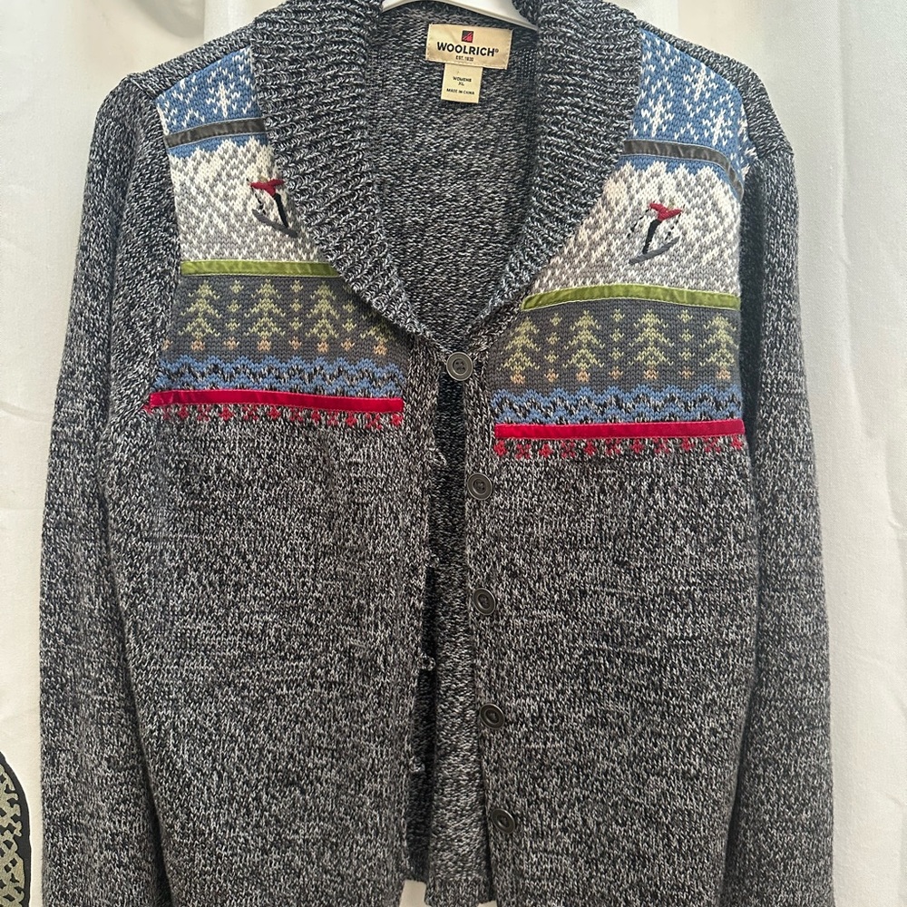 Woolrich Black & White Patterned Cardigan Sweater w Skiers